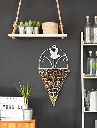 Cesta de vaso artificial de arte de parede mental para arranjo de flores triângulo pendurado na parede rattan ferro pendurado na parede suporte de flores decoração de interiores