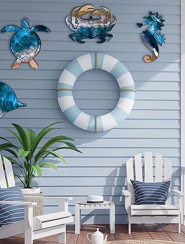 Juego de 4 decoración de pared de caballito de mar, tortuga marina, pez, cangrejo, estrella de mar, concha de erizo de mar, decoraciones de arte de pared, decoración temática de playa al aire libre,
