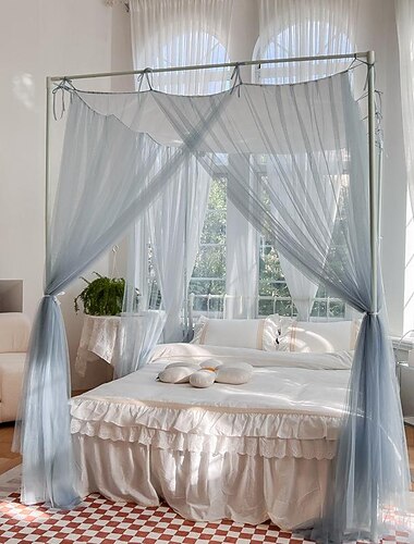 屋外屋内ベッドキャノピー蚊帳 4コーナーポスト 取り付け簡単 プリンセススタイル 大人と子供に最適 ブラケットなし