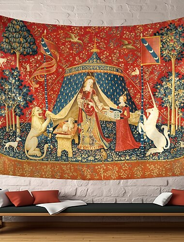 Tkanina ze Średniowieczną Damą Tkanina z Epoki Średniowiecza Sztuka Ścienna Duża Tkanina Murale Dekoracja Fotografii Tło Koc Zasłona Dom Sypialnia Salon Dekoracja