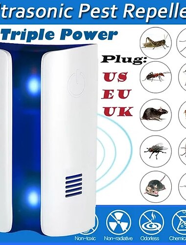 Elektronisk Ultrasonisk Skadedyrsafskrækningsmiddel – Multifunktionel Insektdræber til Mus Sengelus Myrer Kakerlakker US/UK Stik
