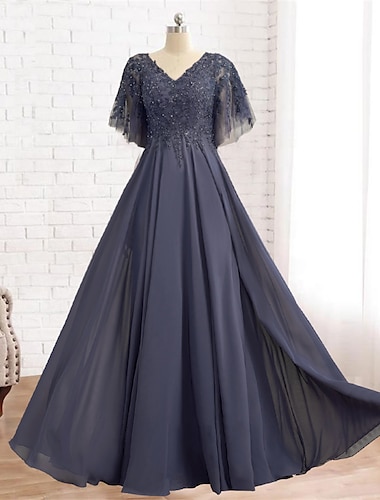 A-Line Mother of the Bride Dress Elegant Plus Size V Neck Floor Length Chiffon Lace Short Sleeve with Pleats Beading Appliques 2024