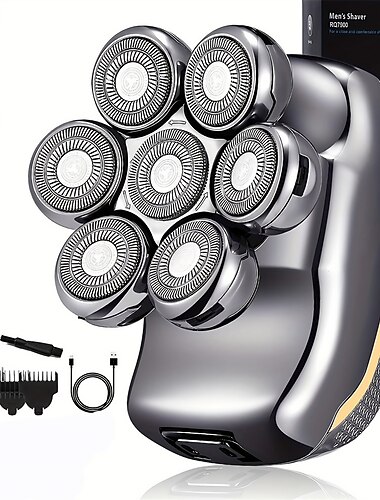 男性用電動ヘッドシェーバー カミソリ - ハゲ男用の充電式コードレス ヘアシェービング カミソリ 6 in 1 防水ウェット ドライ ヒゲトリマー ボディ ヘア カット クリッパー グルーミング キット 7 ロータリー ヘッド