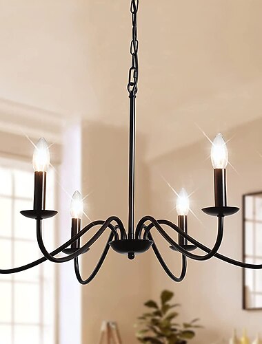Candelabro preto de 6 luzes lustres de ferro industriais rústicos iluminação para cozinha, sala de jantar, sala de estar, quarto, 35 polegadas, e12,110-240v
