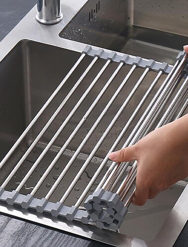 rullattava tiskiritilä, ruostumattomasta teräksestä valmistettu kuivausrumpu tiskialtaan päällä, taitettava rullateline harmaa astiastoille kupit hedelmät haarukat