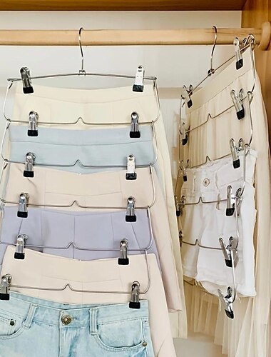 Percha para pantalones de metal multicapa que ahorra espacio, percha para falda, percha para armario plegable con clips antideslizantes