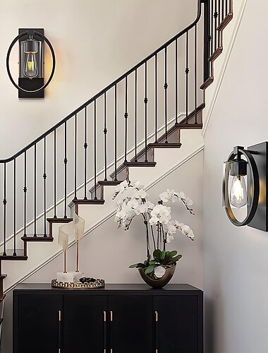 vintage szklana lampa ścienna z pierścieniem, przemysłowe oprawy ścienne czarne wykończenie, okablowane oświetlenie wewnętrzne kinkietu do salonu łazienka kuchnia przedpokój (żarówka nie dołączona)