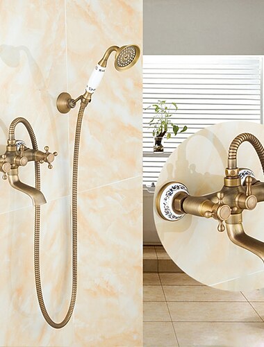 tradycyjny zestaw baterii prysznicowych z wylewką wannową z trzymanym ręcznym strumieniem prysznicowym, mosiężna podwójna wylewka naścienna z ceramicznym zaworem mieszającym