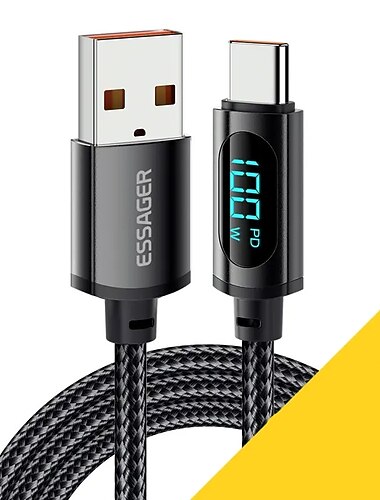 USB C-kabel 100W USB-förlängare 5 A Laddningskabel Nylon flätad LED-display Till Samsung Mobiltelefonstillbehör