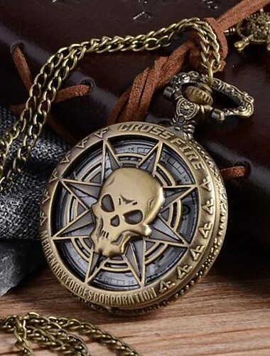 Vintage brązowy steampunkowy zegarek kieszonkowy Hollow Karaibski piracki czaszka Horror z łańcuchem Prezent dla mężczyzn i kobiet zawieszka naszyjnik