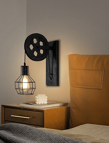 LED Indoor Wall Light Fixture Industrial Mid Century Retro Iron Wall Lights Lift Pulley Wall Lamp Features The Matte Iron Cage Lamp Shade for Indoor Lighting Barn Restaurant