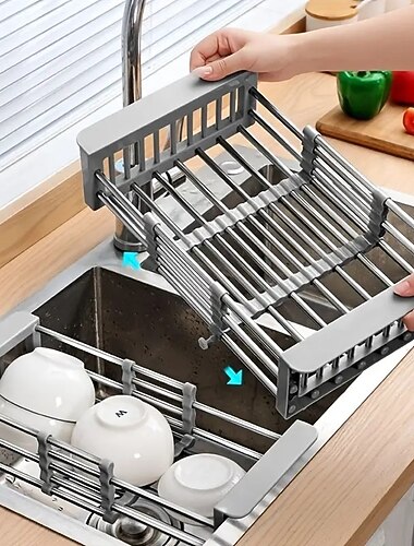 Égouttoir à vaisselle rétractable en acier inoxydable, passoire de cuisine extensible, panier de vidange au-dessus de l'évier, accoudoir réglable, étagère pour bol de lavage pour légumes et fruits