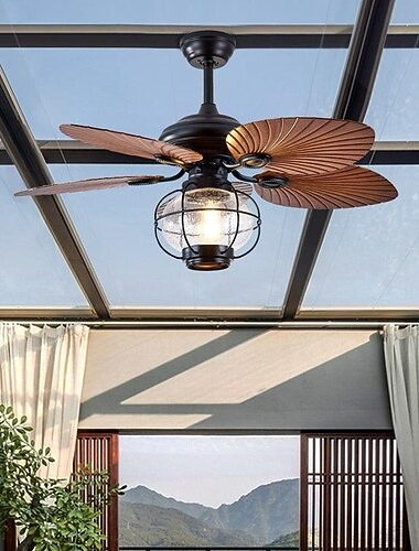 42/52-inch tropische plafondventilator buiten binnen waterdicht, stille industriële plafondventilator met 3 snelheden kroonluchter met afstandsbediening 6 omkeerbare palmbladbladen lampenkap met draadkooi 220-240v