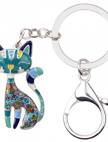 Alliage d'émail floral élégant chaton chat porte-clés porte-clés animal animaux bijoux cadeau pour femmes filles sac à main sac à main breloques accessoires