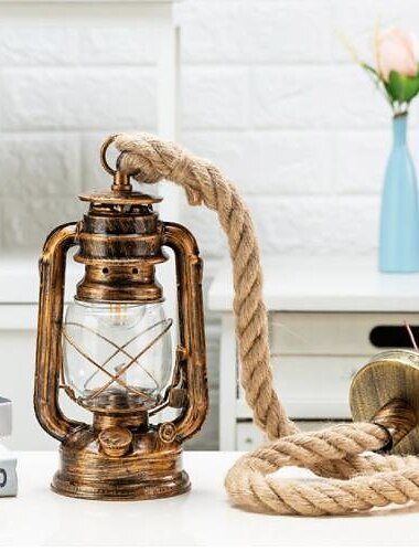 1 candelabru retro din frânghie de cânepă - lanternă de modă veche - lumina suspendată pentru insulă de bucătărie din bronz frecat cu ulei (becul nu este inclus)