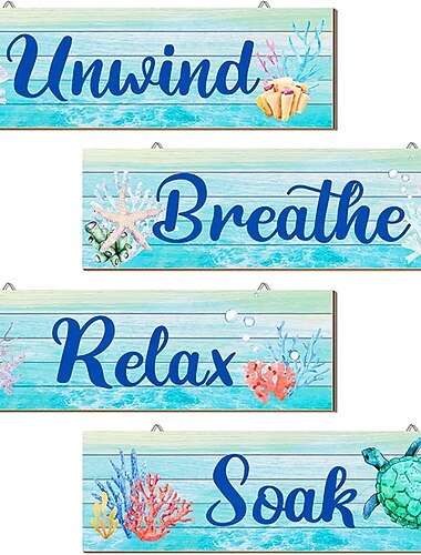 1pc oceano praia decoração da parede do banheiro de madeira relaxe de molho relaxe respire arte da parede sinal do banheiro pendurado concha do mar estrela do mar sinal de madeira decoração do quarto