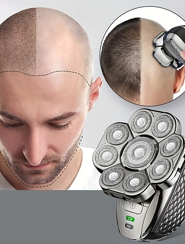 Barbeador elétrico de cabeças flutuantes independentes 9d, barbeador de cabeça para homens carecas 5 em 1 kit de barbear para cabeça careca, barbeador elétrico recarregável usb para homens, barbeador