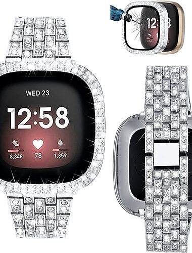 حزام ساعة ذكية متوافق مع فيتبيت فيرسا 3 / سينس / فيرسا 4 / سينس 2 استبدال حزام معدني ماسي بلينغ مع غطاء واقي شاشة لفيتبيت فيرسا 3 / سينس / فيرسا 4 / سينس 2