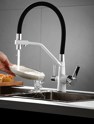 robinet de cuisine tirez vers le bas la tête de pulvérisation, eau purifiée robinets à double bec évier mélangeur monté sur le pont, 360 rotation à double poignée tube flexible à arc élevé robinet en laiton