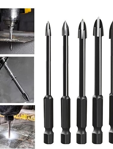 5-delige efficiënte universele boorgereedschappen, multifunctionele driehoekige kruislegering boorset, gecementeerde hardmetalen antiroesthulpstukken voor elektrisch gereedschap, kruisspeerkopboren