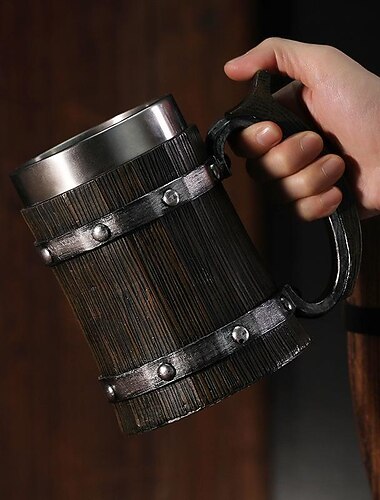 Bierkrüge, nordische Wikinger-Rune-Biergläser, großer Eichenbierkrug, Kaffeebecher mit Edelstahl-Holzharz 3D, Tassen für Männer, Vatertagsgeschenk