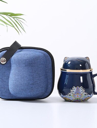 matka-teesetti keraaminen kannettava onnenkissa-teemuki - täydellinen matkalle, toimistoon tai lahjaksi!