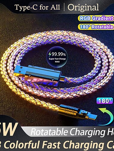 2 Pachet cablu de încărcare RGB rotativ 180° 6A 120W cablu de încărcare super rapid pentru Iphone HUAWEI Xiaomi