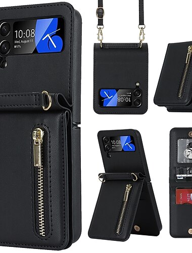 téléphone Coque Pour Samsung Galaxy Z Flip 7 Z Flip 6 Z Flip 5 Z Flip 4 Z Flip 3 Sac à Main Étui Portefeuille Fermeture Éclair Avec Bandoulière Amovible Avec Porte-Cartes Couleur Unie PC faux cuir