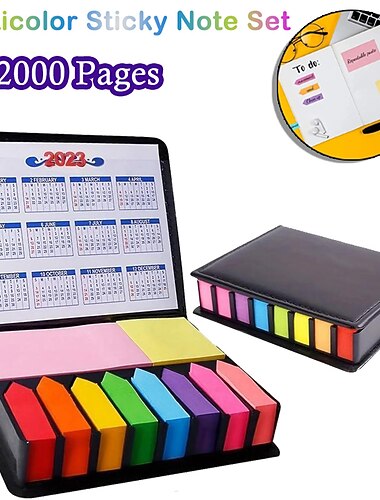 Mehrfarbiges Haftnotiz-Set mit 2000 Seiten, farbige Notizblöcke mit Lederverpackungsbox, selbstklebende Notizblöcke mit farbigem Trennblatt und Kalender 2023 für das Büro, die Schule, zu Hause,