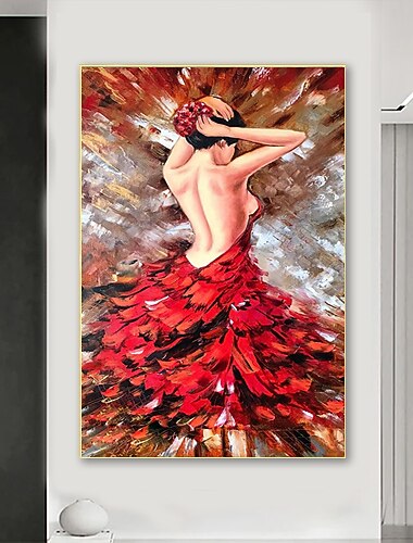 Bailarina pintada à mão pintura a óleo pintura de comissão original balé arte de parede vertical imagem fina arte de parede vermelha decoração do quarto
