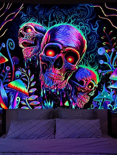 Halloween Schädel Skelett Schwarzlicht Wandteppich UV-Reaktiv Trippy Nebeliger Pilz Hängender Wandteppich Wandkunst Wandmalerei für Wohnzimmer Schlafzimmer Dekorationen