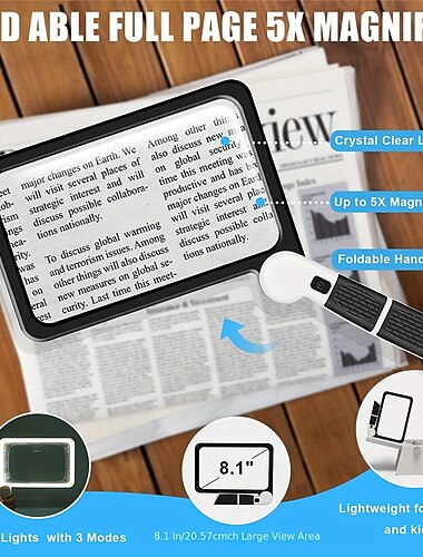 Lente d'Ingrandimento 5X a Piena Pagina per Lettura Lente Illuminata Pieghevole con 48 Luci LED Lente Rettangolare Manuale per Anziani