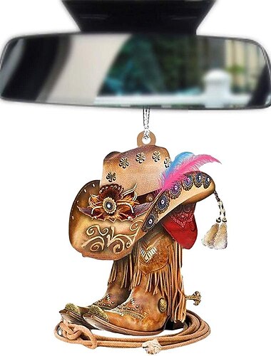 Auto Achteruitkijkspiegel Hangaccessoires - Cowboylaarzen Cowboyhoed en Zadel Sleutelhanger Ornament voor Auto Decoratie