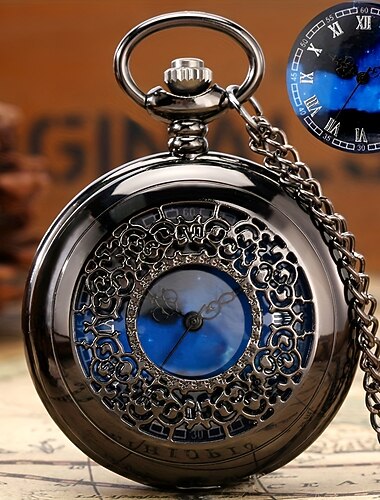 Montre de poche à cadran bleu étoilé chiffres romains pendentif en bronze boîtier creux montre à quartz montre vintage steampunk pendentif souvenirs pour hommes et femmes
