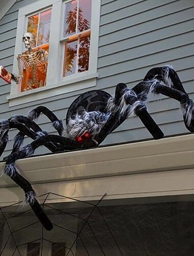 Araña de decoración de Halloween, decoraciones de arañas de Halloween al aire libre, araña negra suave y peluda aterradora, accesorios de araña grandes realistas para el hogar, patio, fiesta, decoración espeluznante de Halloween
