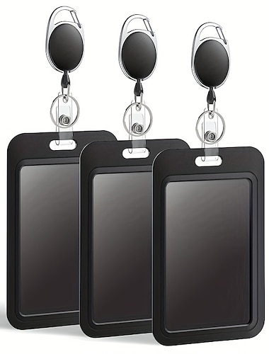 Verschiebbarer Ausweishalter aus hartem, schwarzem, vertikalem Kartenetui aus Kunststoff mit einziehbarem Ausweishalter-Karabiner für Büro, Schule, Ausweis, Kreditkarte, Schlüsselkarte, Führerschein