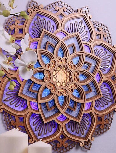 Veilleuse mandala en bois lampe décorative salle de yoga veilleuse LED multicouche découpée au laser lumière sculptée décoration murale pour la maison salon chambre ornement 1 pièce