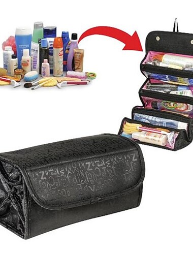 Trousse cosmétique enroulable, dossier de vanité enroulable de voyage suspendu sac cosmétique pliable trousse de toilette - noir, taille libre