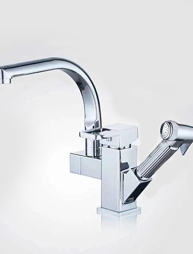 kjøkkenkran i rustfritt stål uttrekkbar med sprøyte, 360° svingbar tut karkraner med kald og varm slange