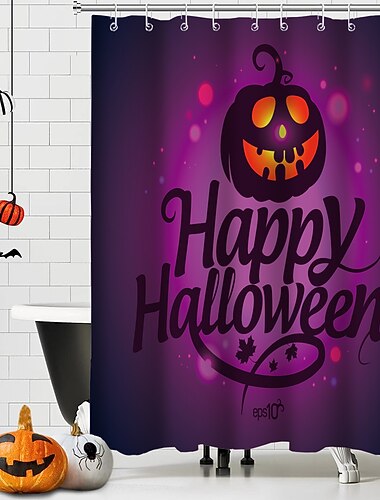 וילון מקלחת אימה ליל כל הקדושים עם ווים עיצוב חדר אמבטיה בד עמיד למים סט וילון מקלחת עם 12 חבילות ווי פלסטיק שלד דלעת מכשפה