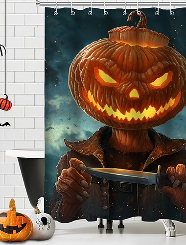 Cortina de ducha de terror de Halloween con ganchos, decoración de baño, juego de cortina de ducha de tela impermeable con 12 ganchos de plástico, esqueleto, calabaza, bruja