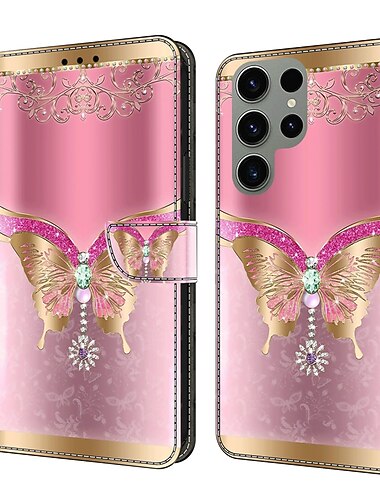 telefon Etui Til Samsung Galaxy S26 Ultra Plus S25 S23 S22 S21 FE S21 Ultra Plus A14 A53 A13 A23 Lommebok-kortveske Spor for kortholder Magnetisk flipp Støtte Grafisk Sommerfugl Blomsternål i krystall