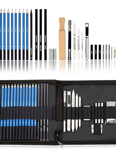 bview art 32-pack ritpennorset, professionell ritkonstsats med skisspennor, grafitkolstavar i bärbart fodral, ritmaterial för barn vuxna konstnärer