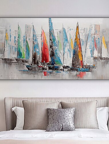 fait à la main peint à la main peinture à l'huile mur art abstrait bleu mer bateau peintures décoration de la maison décor toile roulée pas de cadre non étiré