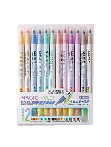 6/12 יחידות סט הדגשות לשינוי צבע קסם, קצה אזמל כפול 12 צבעים רכים טושים פלורסנטים, ציור יומן עט קשת מצויר, קישוט פסחא, ציוד אמנות