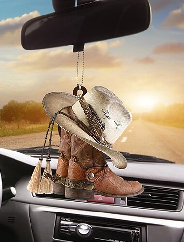 voiture rétroviseur ornement auto décoration intérieure cowboy bottes et chapeaux plat acrylique pendentif bureau maison jardinage décor