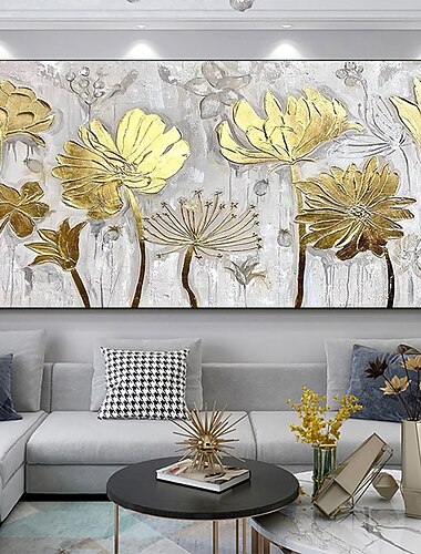 pictură în ulei realizată manual, pânză, decor de artă de perete, pictură originală de artă florală în foiță de aur, pentru decor acasă cu cadru întins/fără pictură cu cadru interior