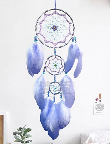 modrý lapač snů ručně vyrobený dárek háček z peří květina zvonek ozdoba na zeď dekorace ve stylu boho 69x16cm/27''x6.3''