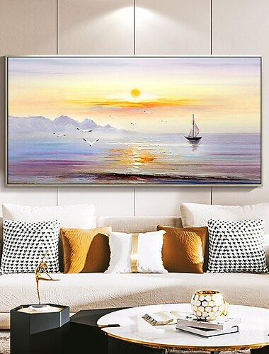  油絵手作り手描き壁アート現代抽象日の出海景家の装飾装飾ロールキャンバスフレームなしストレッチなし