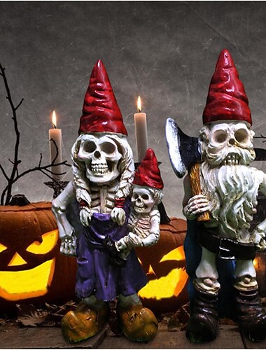 2 Stück Halloween Skelett Zwerge Harz Zombie Zwerg Statuen Skelett Zwerg Ornament Horror Schädel Elf Zwerg Figuren für Rasen Veranda Halloween Dekorationen Tischdekoration